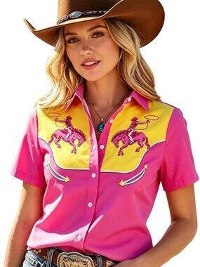 Western Shirt Retro Cowgirl Rodeo Button Front Short Sleeve Concert Large